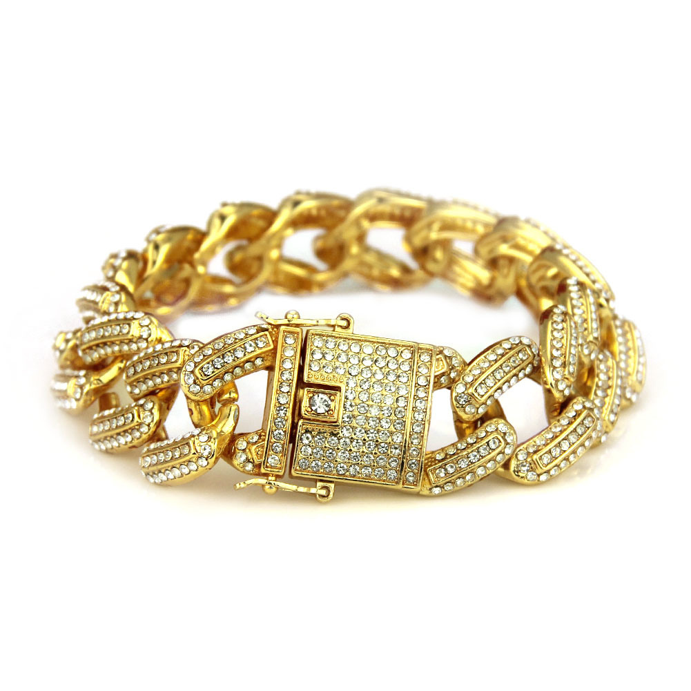 Ice Rhinestone Gold Miami Curb Cuban CZ Rapper Мужской хип-хоп ювелирный браслет